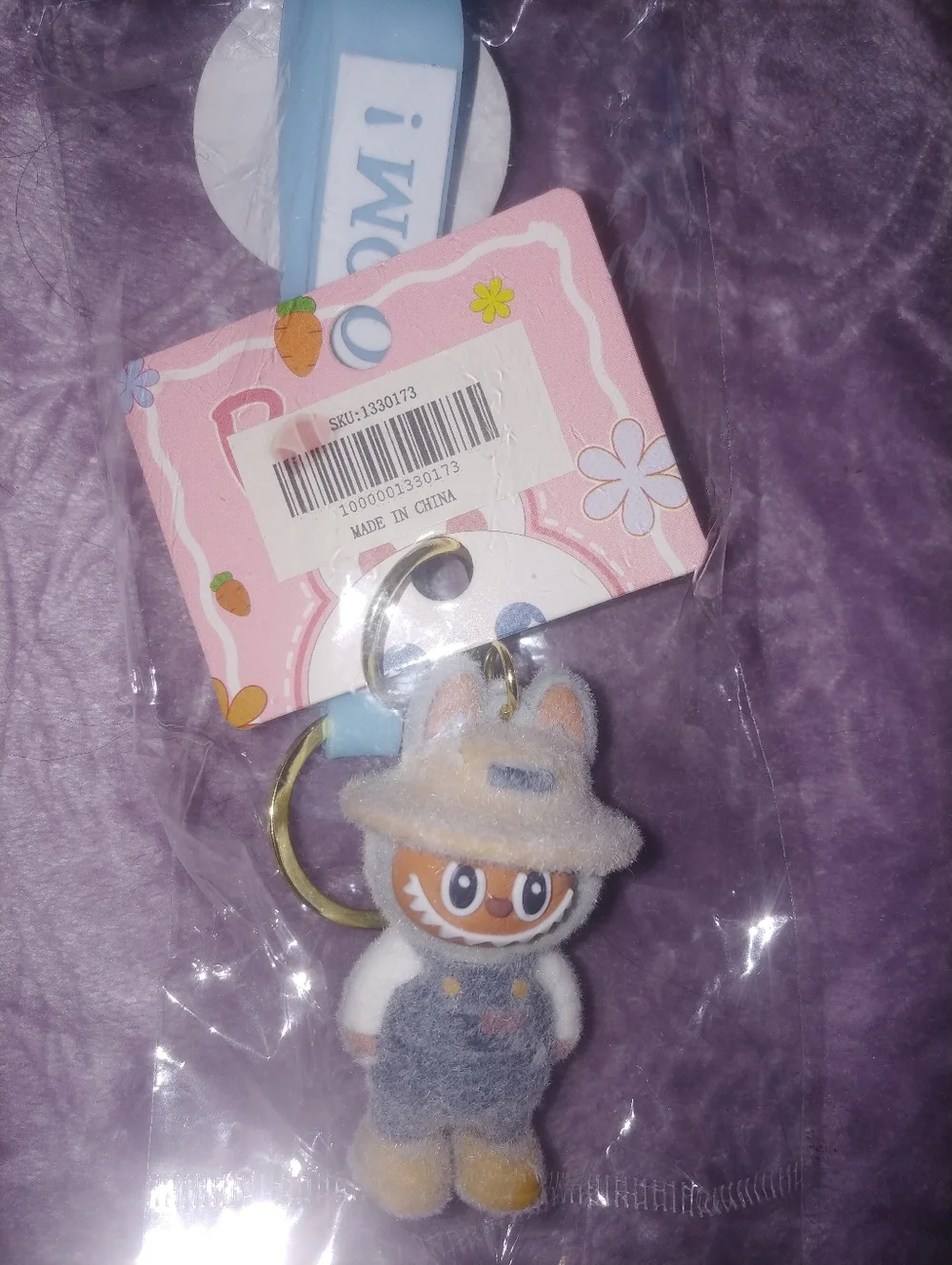 Cute Blue & White Fuzzy Farmer Keychain